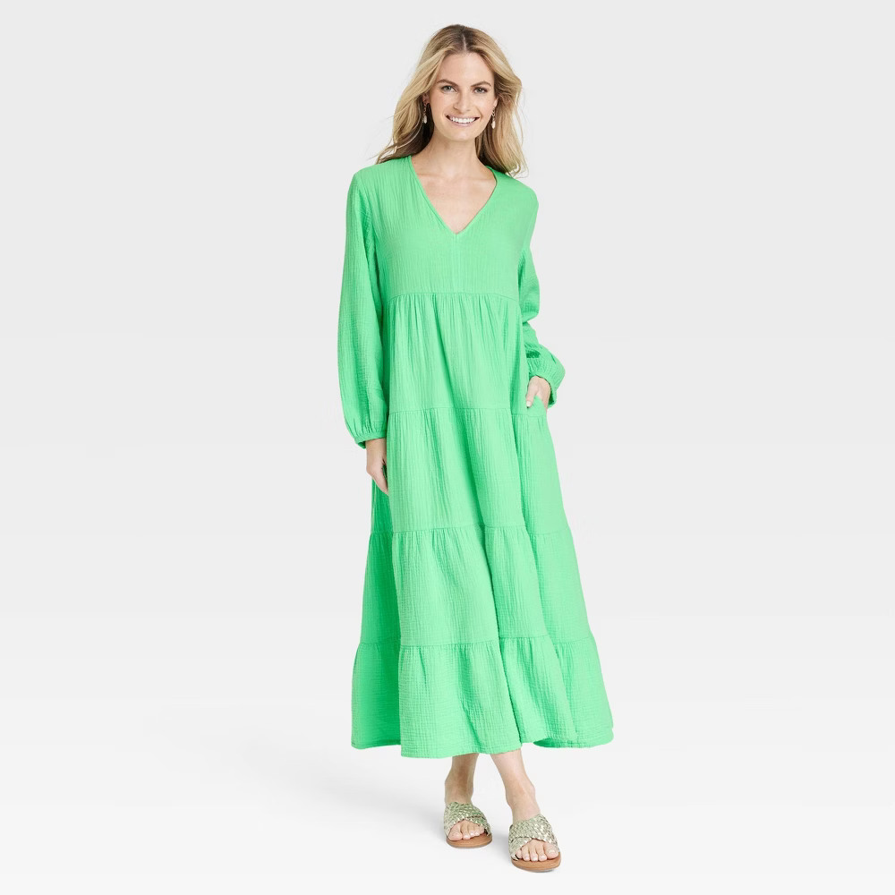 Women's Bell Long Sleeve Tiered Gauze Dress - Universal Thread™ Green XS | Target