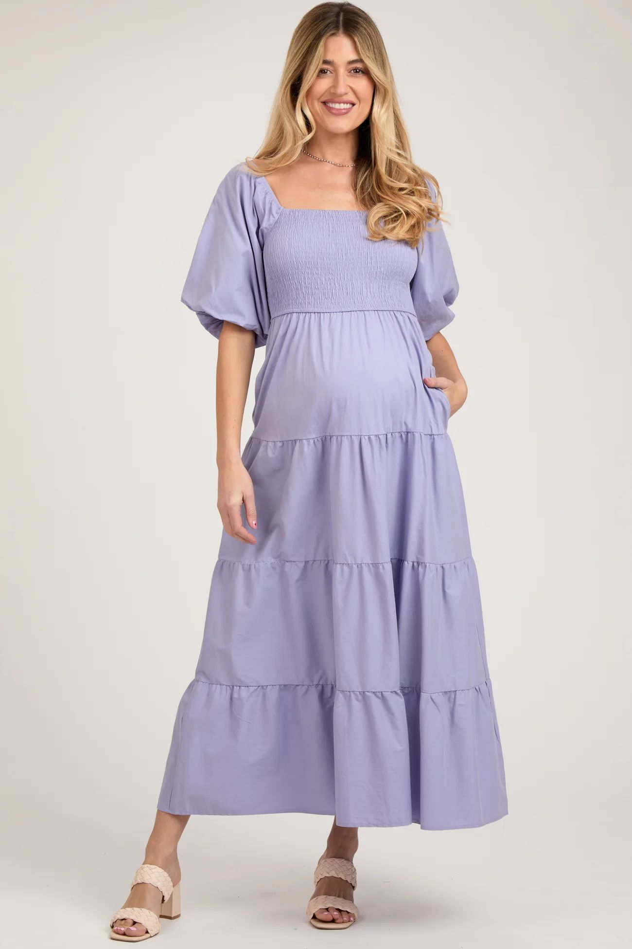 Lavender Smocked Square Neck Puff Sleeve Tiered Maternity Maxi Dress | PinkBlush Maternity