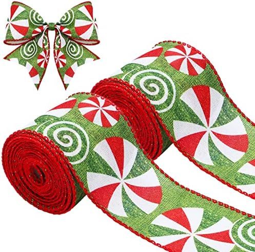 2 Rolls/ 12 Yard Christmas Candy Peppermint Wired Edge Ribbon 2.5 Inch Wide Christmas Candy Ribbo... | Amazon (US)
