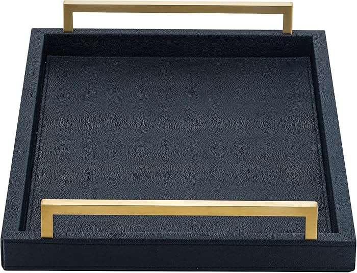 Black Faux Leather Serving Tray, 17x12 inches, Brushed Gold Handles, Decorative Tray for Ottoman ... | Amazon (US)