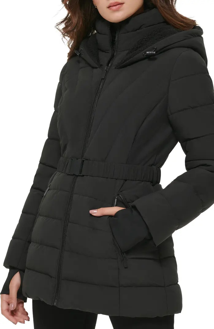 Berber Belted Stretch Water Resistant Hooded Puffer Jacket | Nordstrom Rack