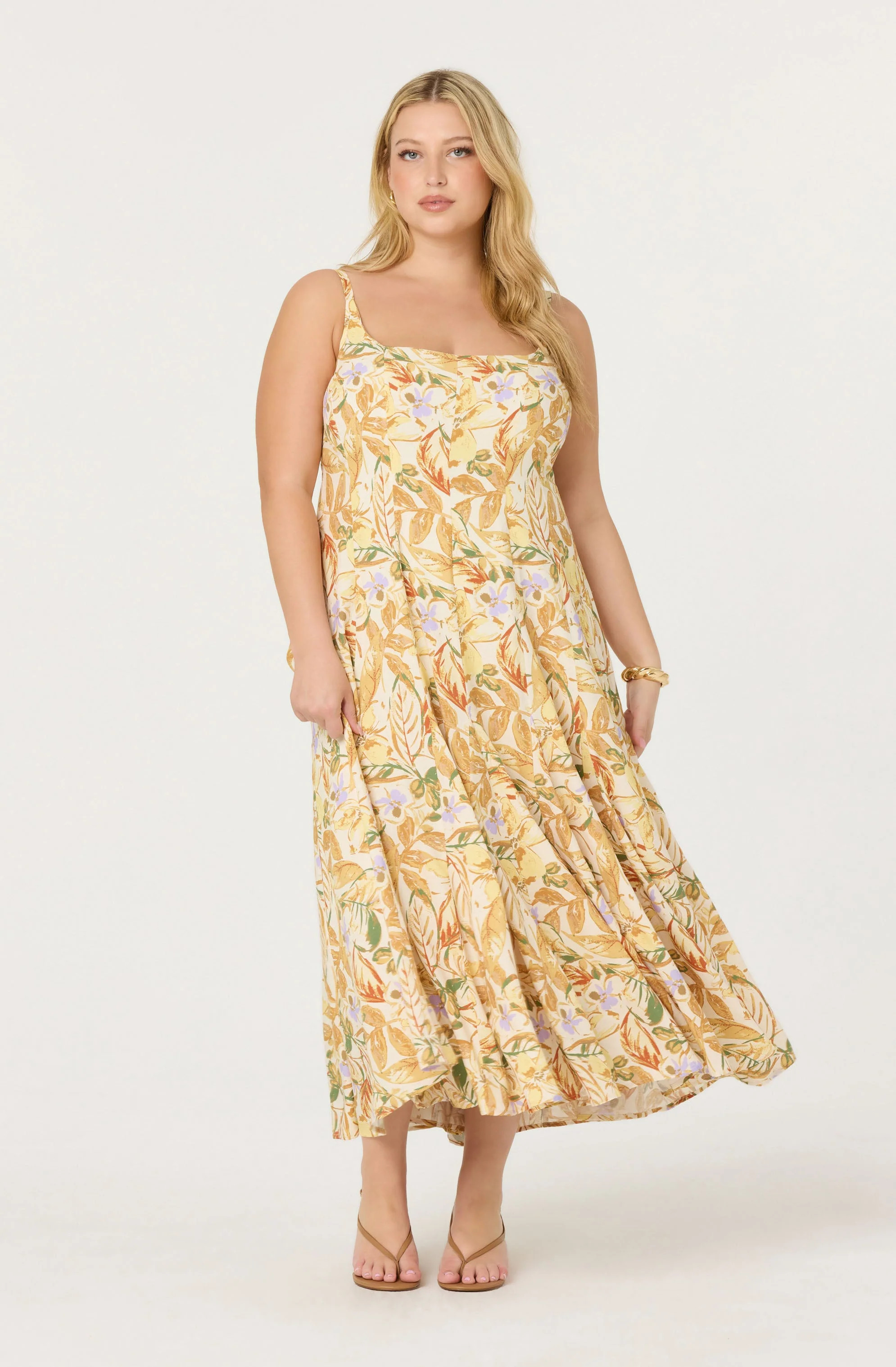 Jaleyah Paneled Flare Floral Midi Dress - Plus Size - Mustard green tropic / 1X | ASTR The Label (US)