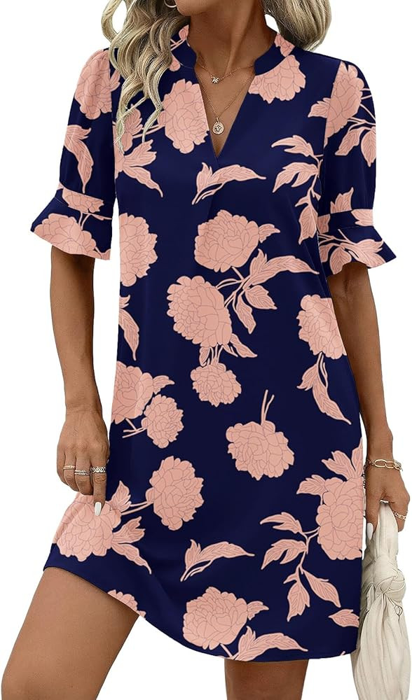 Zeagoo Summer Dresses for Women 2026 V Neck Ruffle Sleeve Loose Shift Dress Hawaiian Sundress Bea... | Amazon (US)