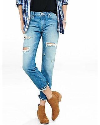 Express Womens Distressed Faded Unrolled Girlfriend Jeans | Express