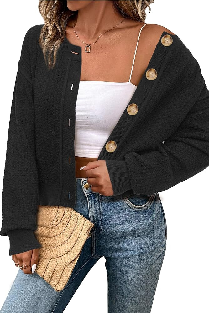 Arach&Cloz Womens Waffle Cropped Cardigan Ultra Stretchy 2025 Spring Soft Chunky Button Business ... | Amazon (US)