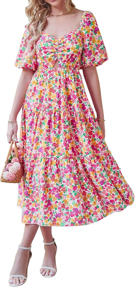BTFBM Women Summer Dresses 2023 Casual Flowy Beach Square Neck Puff Short Sleeve Smocked Back Boh... | Amazon (US)