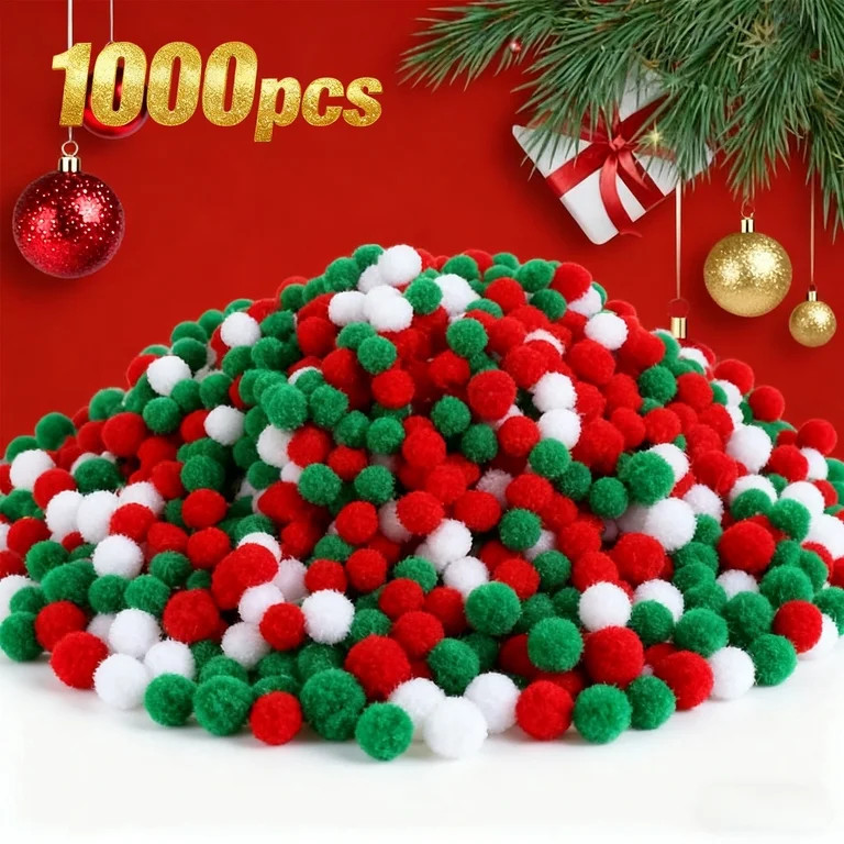 HaoXun 1000 Pcs 1.5 inch Christmas Pom Poms Bulk - Assorted Red Green White Fluffy Decorative Bal... | Walmart (US)