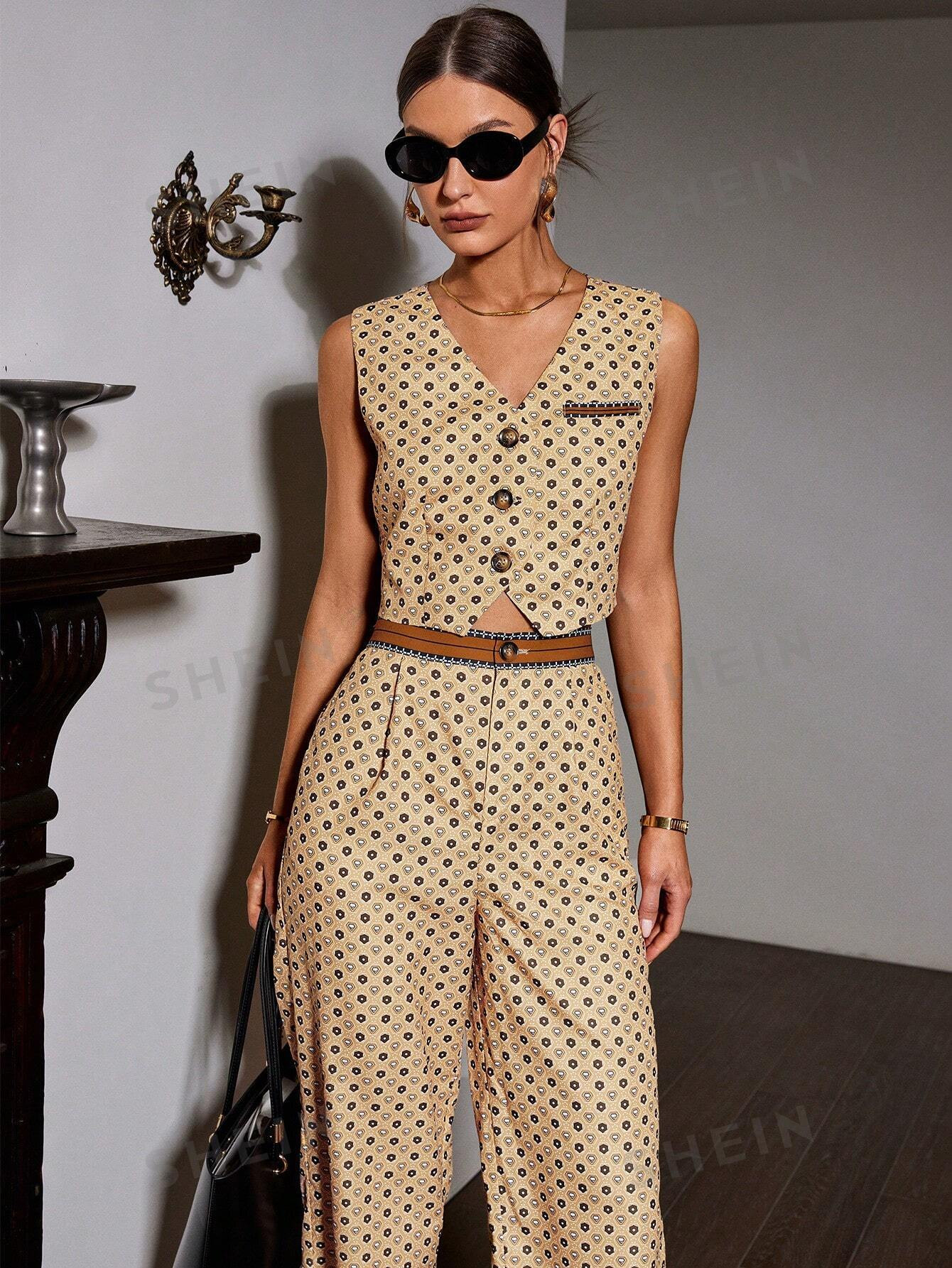 Sollinarry Vintage Floral Printed Vest And Casual Straight Pants 2pcs/Set | SHEIN