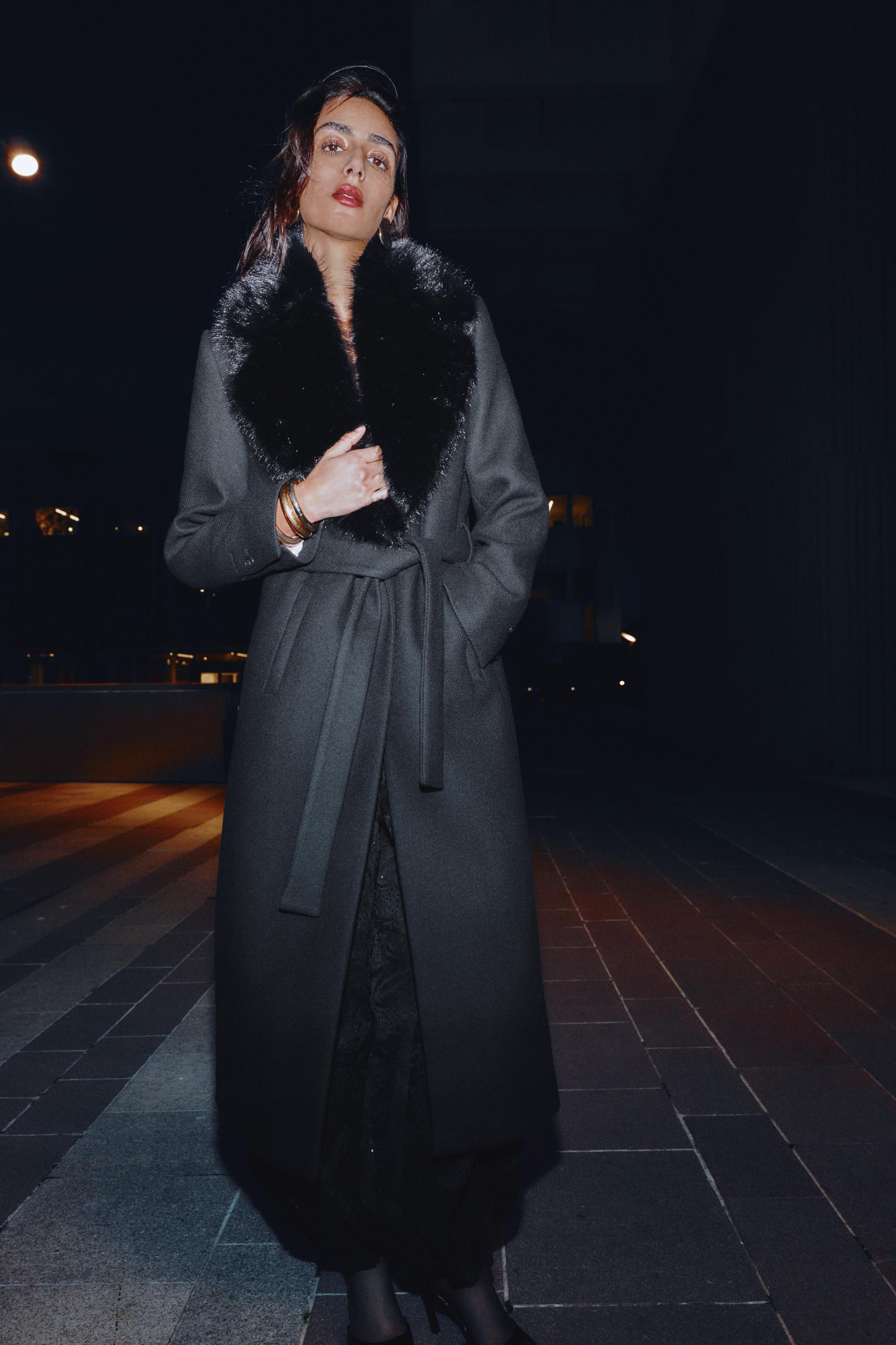 WOOL COAT WITH FAUX FUR COLLAR AND BELT | Zara UK