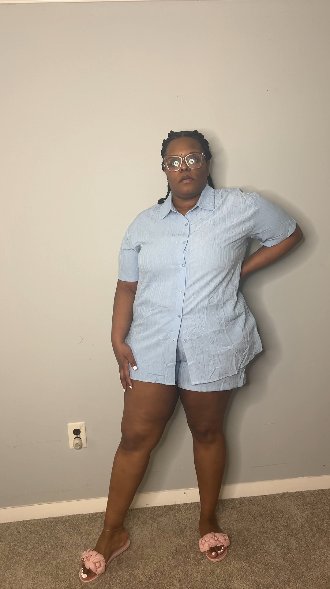 Baby blue two piece set and  baby pink sandals.

The set needs to be steamed before wearing it  

#LTKplussize #LTKfindsunder50