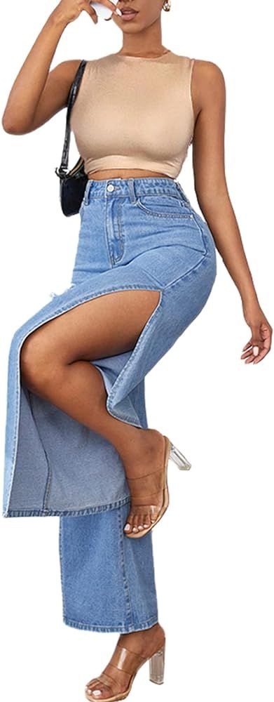 Women's High Waisted Wide Leg Ripped Jeans High Side Slit Distressed Denim Jeans Pants Relaxed Fi... | Amazon (US)
