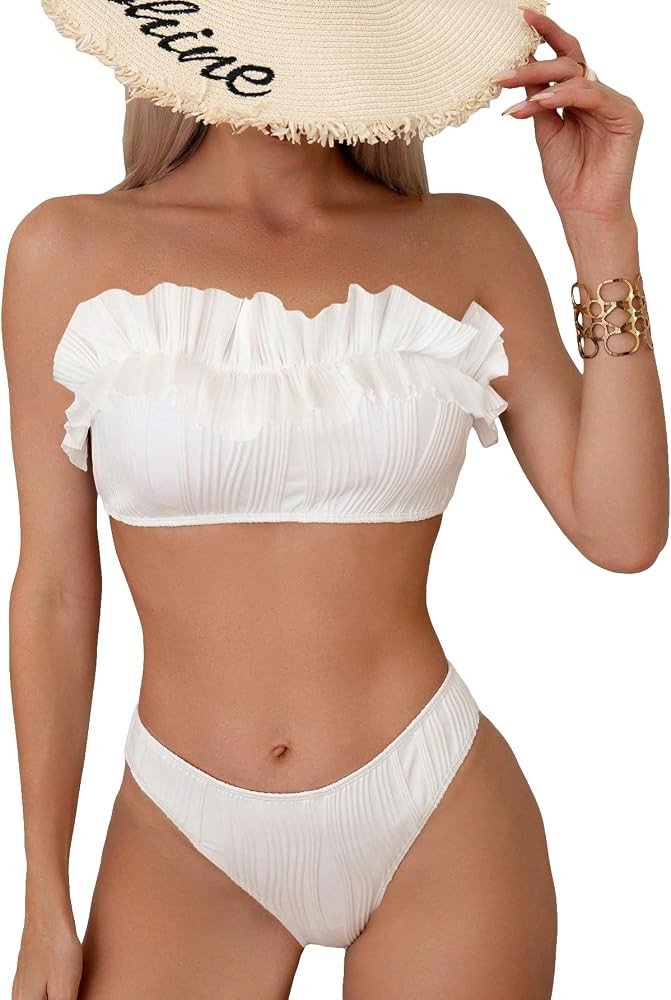 OYOANGLE Women's Spaghetti Strap High Waist Swimwear Bandeau Bikini Swimsuit Two Pieces Bikini Se... | Amazon (US)