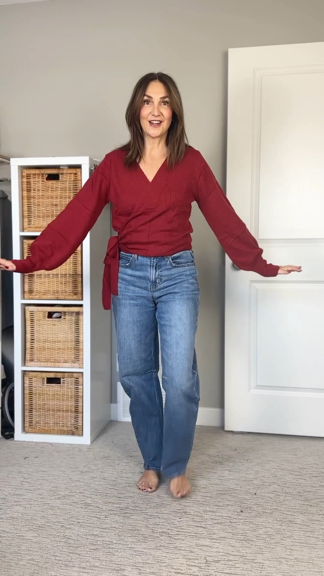 Cutest knit wrap top from Amazon! So pretty with silk wide leg pants for the holidays! Or jeans, a skirt etc.
I’m 5’ 7” size 4ish and I sized up to M cause I have slightly long torso & arms but I probably should have gotten my usual small. Lots of colors available & it’s not itchy.
Jeans fit tts.


#LTKootd #LTKSeasonal #LTKFindsUnder50