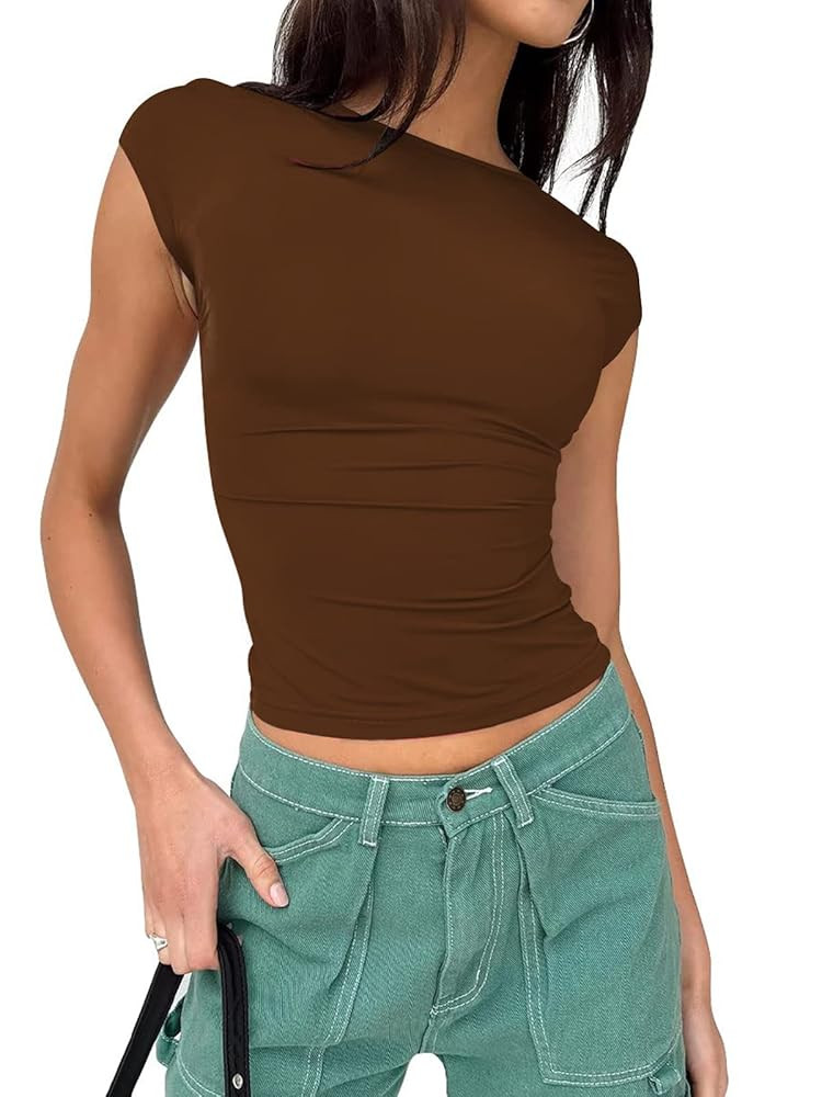 Backless Slim Fit T Shirt for Women Short Sleeve Crew Neck Crop Top Casual Summer Y2K Crop Tee | Amazon (US)