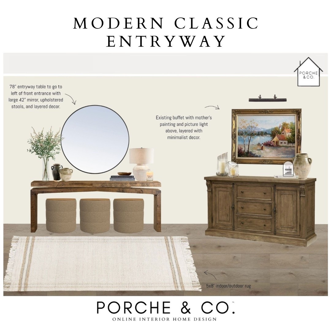 A welcoming Modern Classic Entryway that blends timeless warmth with clean, curated styling 🤍✨ The oversized round mirror, layered console decor, and upholstered stools create a soft, balanced moment—while the existing buffet and sentimental artwork add meaningful charm. Designed to feel inviting, intentional, and beautifully collected over time.
Entryway Online Interior Design from Porche & Co.

Do you want to bring our dreamy Modern Classic style interior design into your own home? 🏡 You’re in luck! Reserve our Online Interior Design packages today -> https://porcheandco.com/edesign ✨ We can’t wait to work with you & design your home with #porcheandco

#porcheandco #visionboard #moodboard #interiordesign #virtualdesign #modernclassic #entrywaydecor #homedesign #neutralhome #styledspaces


#LTKHome #LTKvlog #LTKFindsUnder100