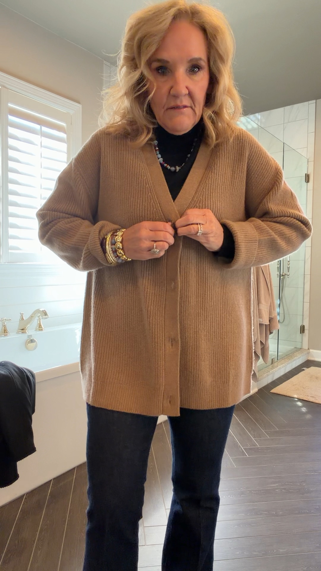I’m so proud of my bracelet and jewelry stack with Allie & Bess use code NANETTE20 20% off 

Quince cashmere oversized cardigan size medium 
Spanx jeans size medium petite 
JCREW booties size up 1/2 
Merino wool turtleneck size medium 
Loft military style jacket size 10 petite

#LTKShoeCrush #LTKOver40 #LTKSaleAlert