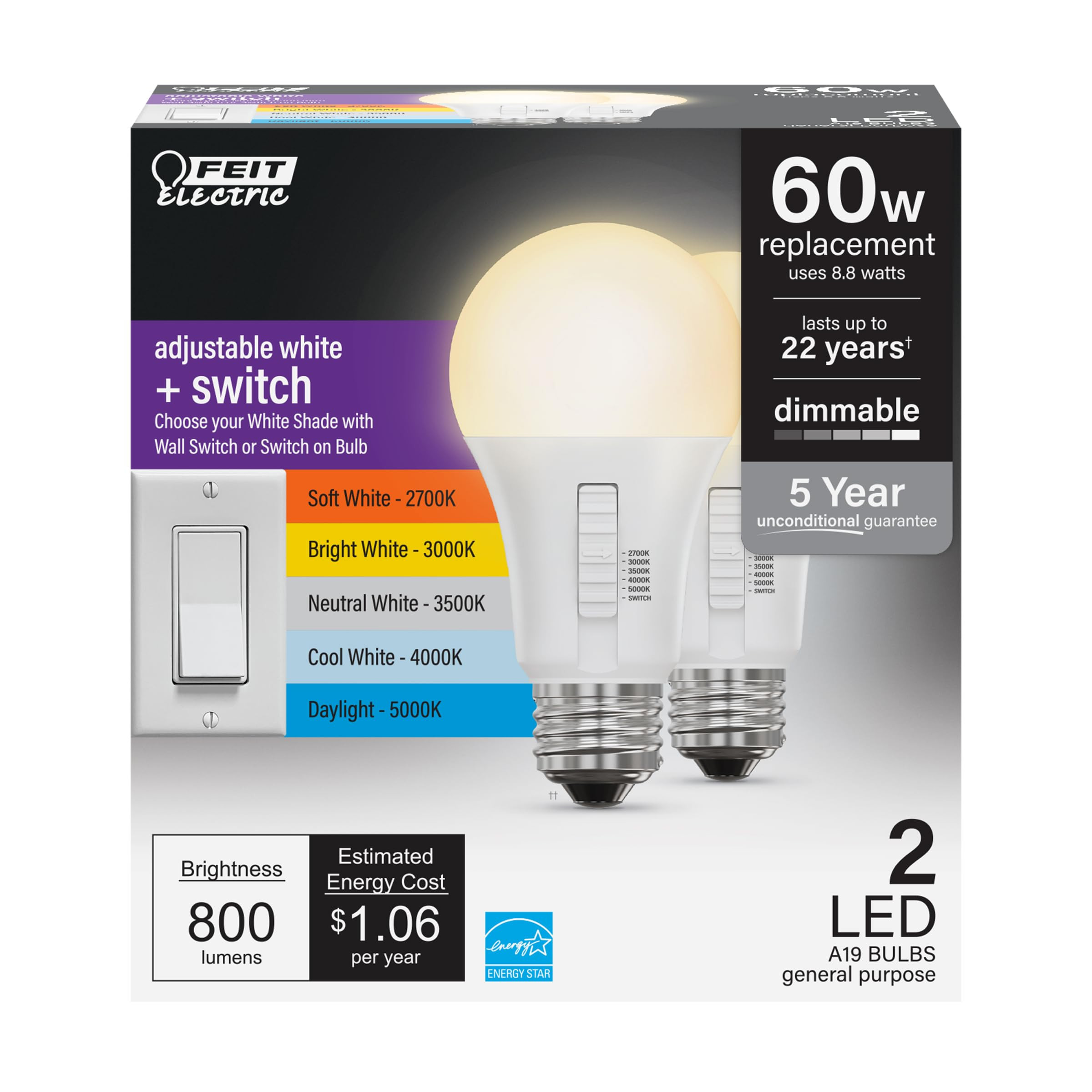 Feit Electric A19 LED Light Bulb, 60W Equivalent, Dimmable, Color Selectable 6-Way, E26 Medium Ba... | Amazon (US)