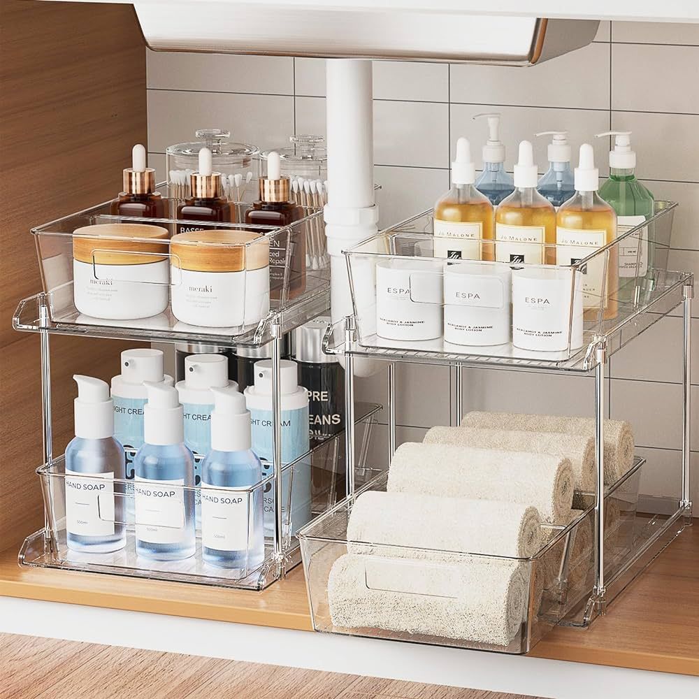 Pull-out Home Organizer, 2 Pack 2 Tier Clear Bathroom Organizer with Dividers, Multipurpose Vanit... | Amazon (US)