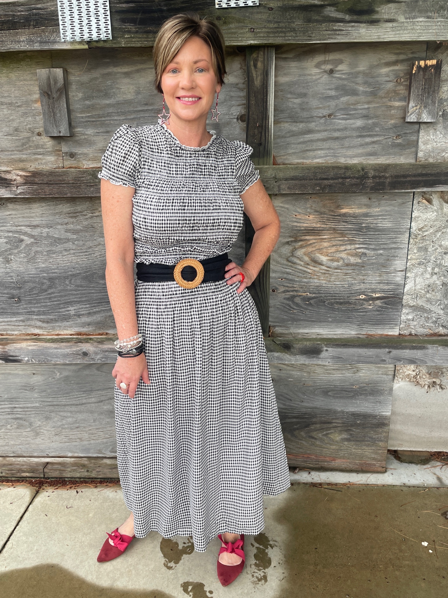 Ruched seersucker gingham check reformation dress Anthropologie Rothys points Mary Jane’s red shoes belted look 

#LTKFindsUnder100 #LTKOver40 #LTKSaleAlert