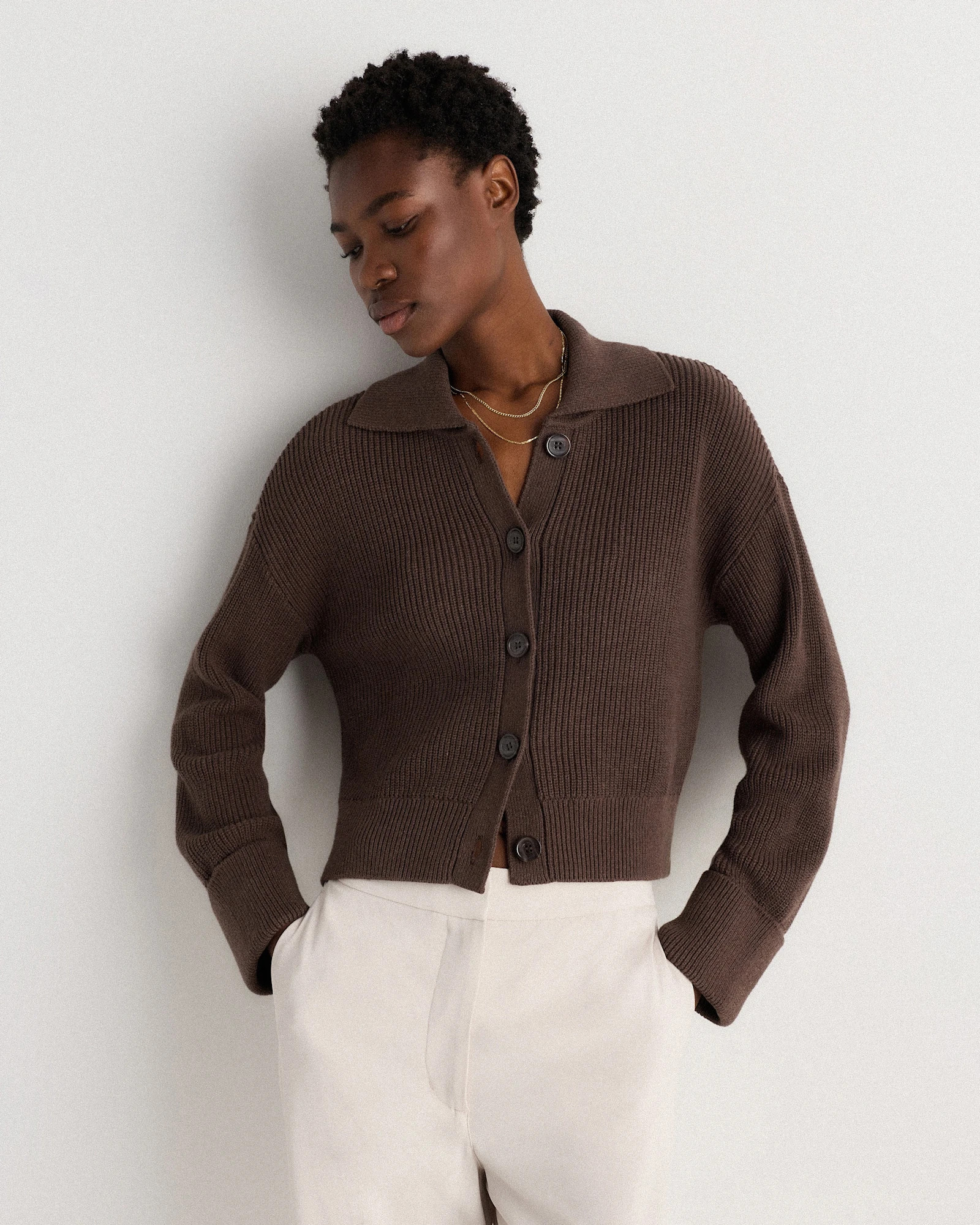 Quince | Women's Fisherman Collared Cardigan Sweater in Ivory, Size Medium, Organic Cotton | Quince