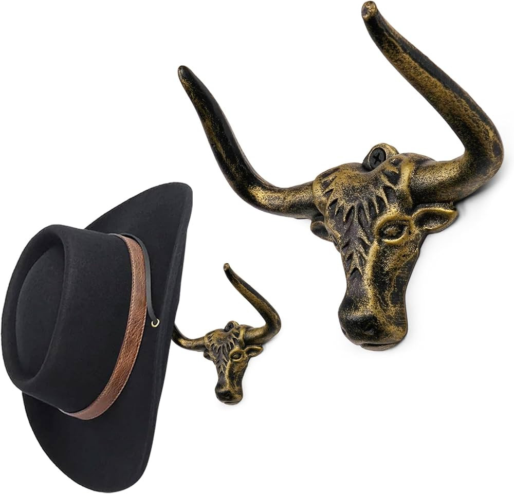 Cowboy Hat Rack for Wall 2 Pack Animal Head Metal Cowboy Hat Holder Cast Iron Hat Hanger Western ... | Amazon (US)