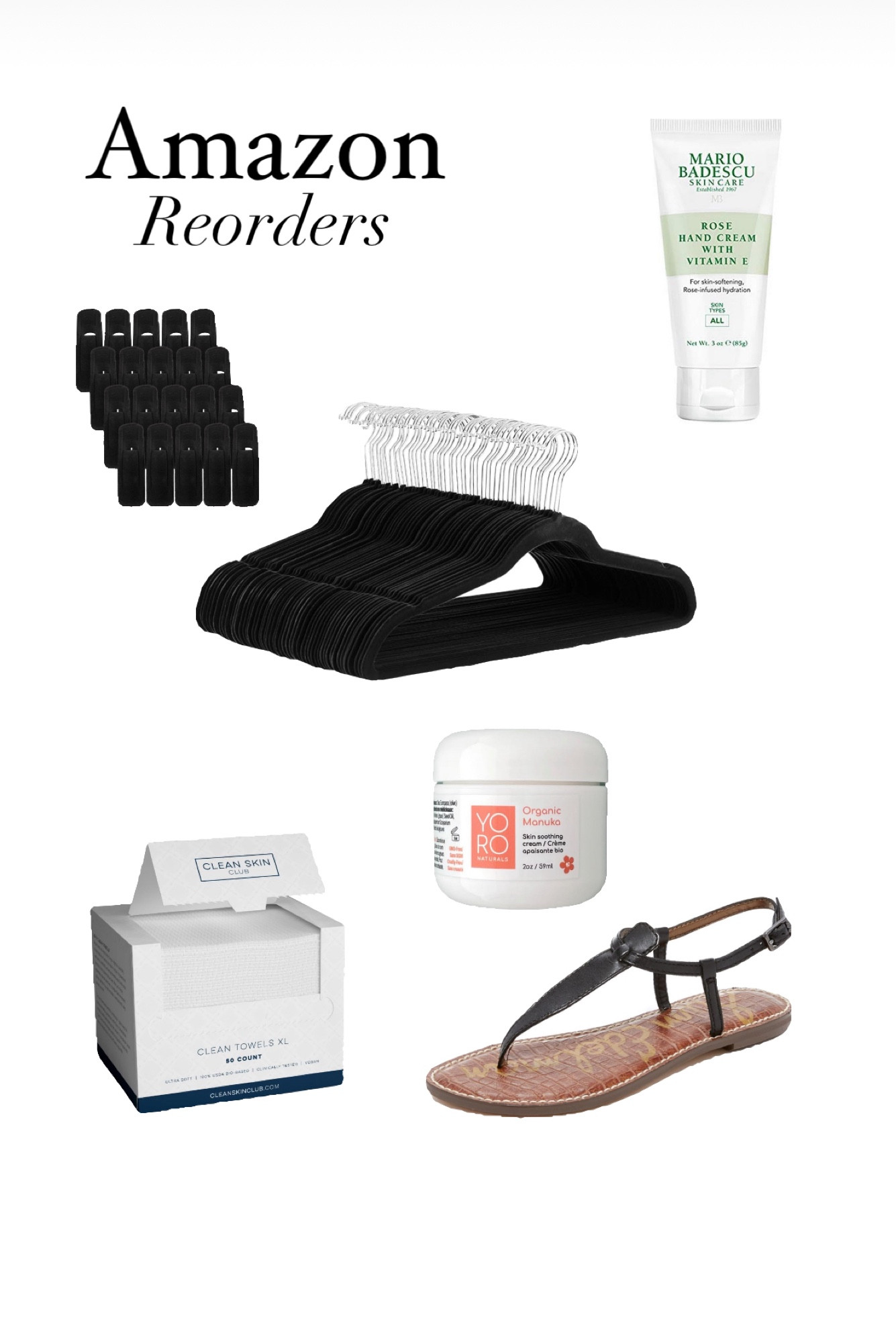 What I reordered from Amazon, this week. 
1. Pant /skirt clips - I use them to keep my sets together and shorts and skirts hung. 
2. More hangers. My husband is always taking my hangers! 
3. Hand cream. Lots of traveling lately and need to keep my hands hydrated. 
4. More face wipes. Need to get my skincare routine back on travel. These always leave my skin feeling clean and dry. 
5. My son’s body cream. He has horrible eczema so I have to use really sensitive clean ingredient cream. This seems to be working and he likes it. 
6. Buying another pair of my Gigi Sandal. I’ve had my black one for years now and the straps are starting to wear away. Replacing these sandals now bc they are on sale! 

#LTKHome #LTKSaleAlert #LTKBeauty