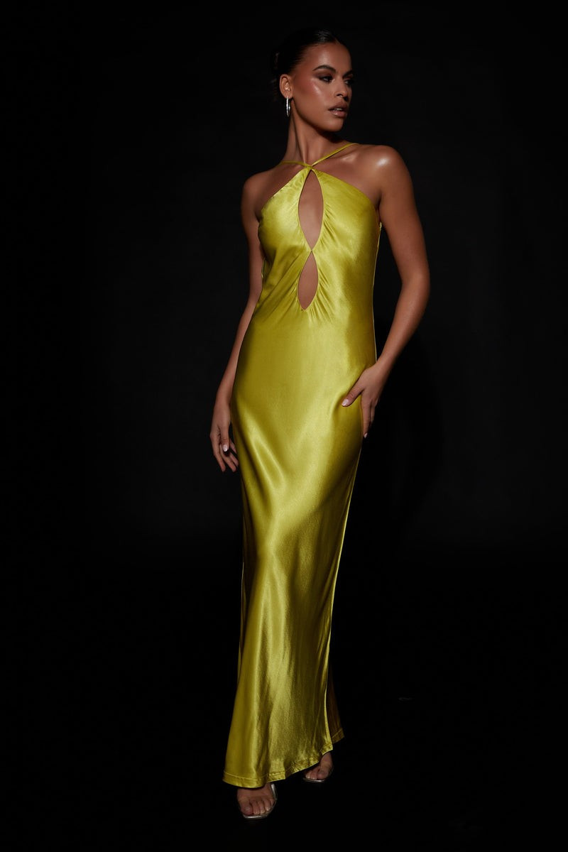 Lucia Satin Cut Out Maxi Dress - Chartreuse | MESHKI US