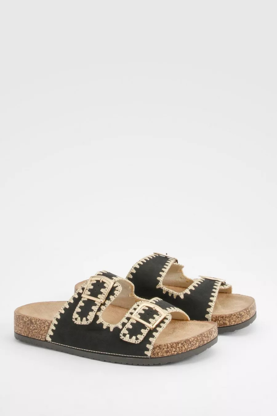 Contrast Stitch Detail Double Buckle Sliders | Boohoo.com (UK & IE)