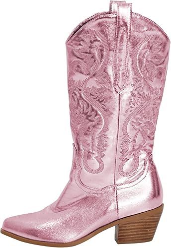 richealnini Cowboy Boots for Women Embroidered Pull-On Mid Calf Booties | Amazon (US)