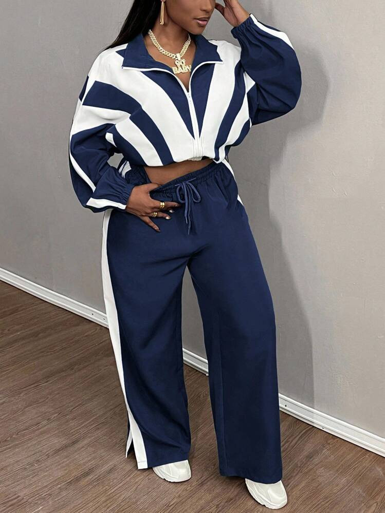 Slaydiva Women Contrast Color Block Zip Front Jacket And Wide Leg Pants Casual 2pcs Set | SHEIN