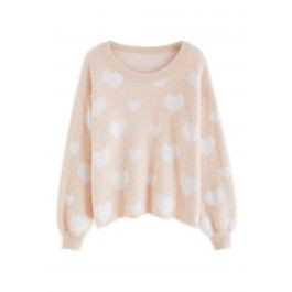 Fuzzy Contrast Heart Knit Sweater in Nude Pink | Chicwish