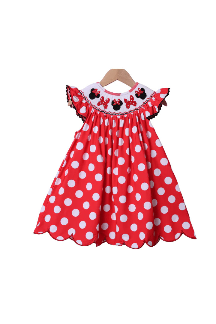 Smocked Mouse Bow Red Polka Dot Dress | The Smocked Flamingo