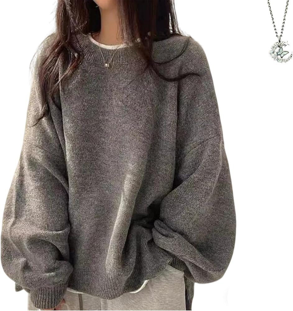 Womens Drop Shoulder Split Hem Sweater, Women's Crewneck Sweaters Fall Slouchy Long Sleeve Knit S... | Amazon (US)