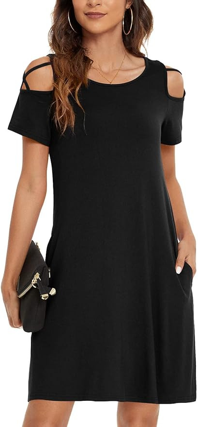 KUOTAI Womens Summer Casual Beach Dresses Short Sleeve Strappy Cold Shoulder Pockets Dress | Amazon (US)