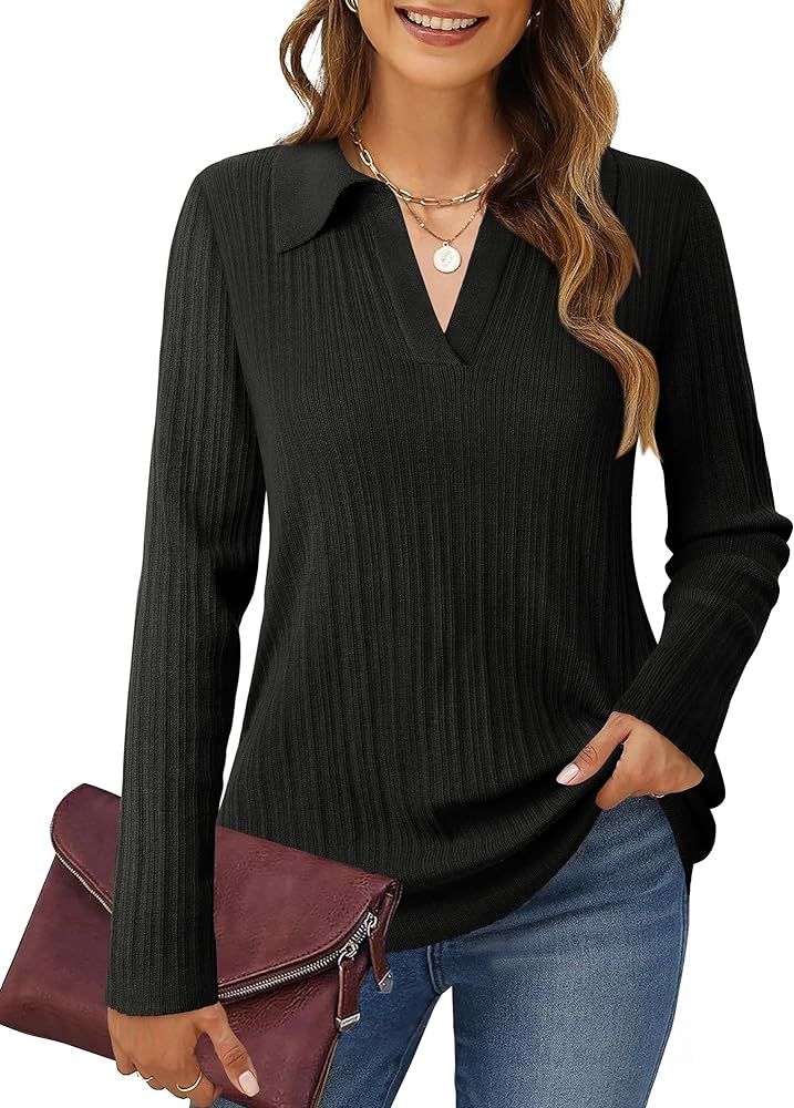 Timeson Women's Polo V Neck Sweater Tops Winter Office Work Knit Shirts Business Casual Attire | Amazon (US)