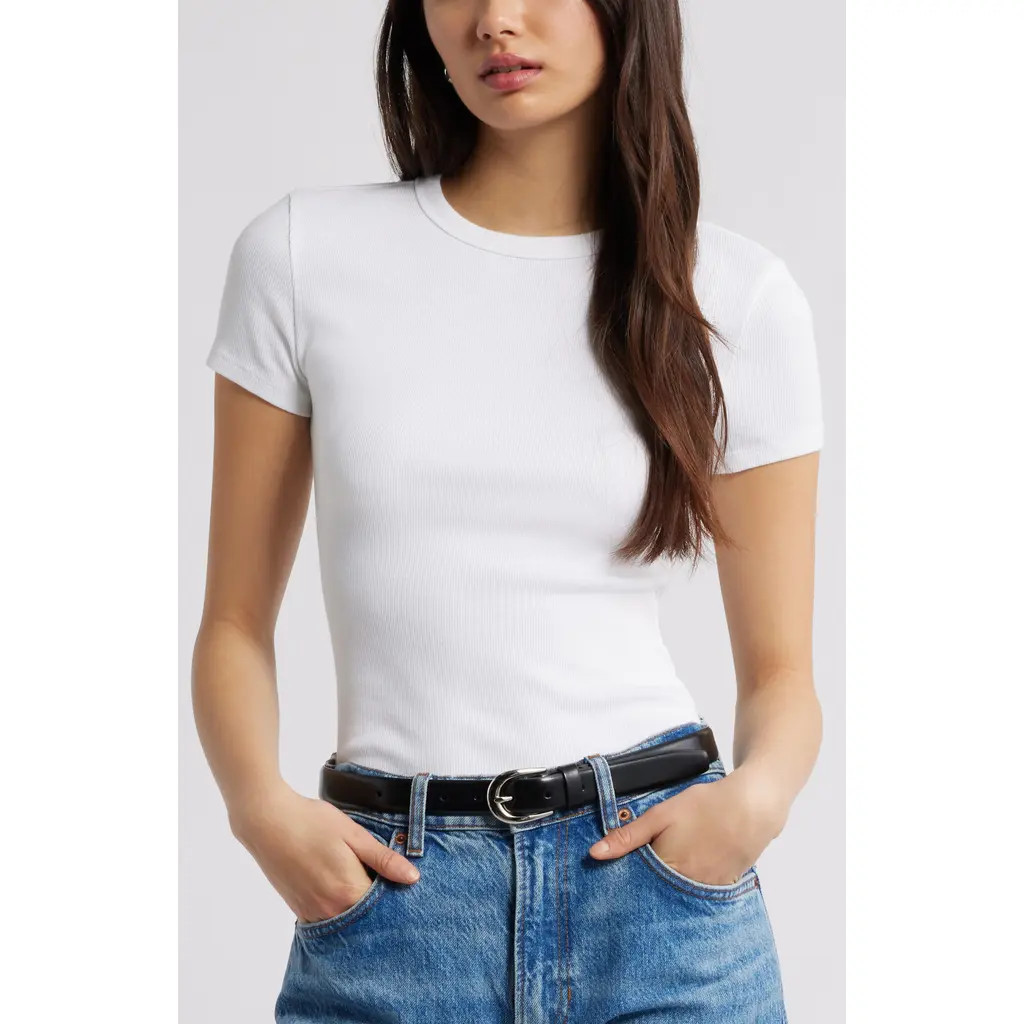 Open Edit Rib Short Sleeve Shirt in White at Nordstrom, Size X-Small | Nordstrom