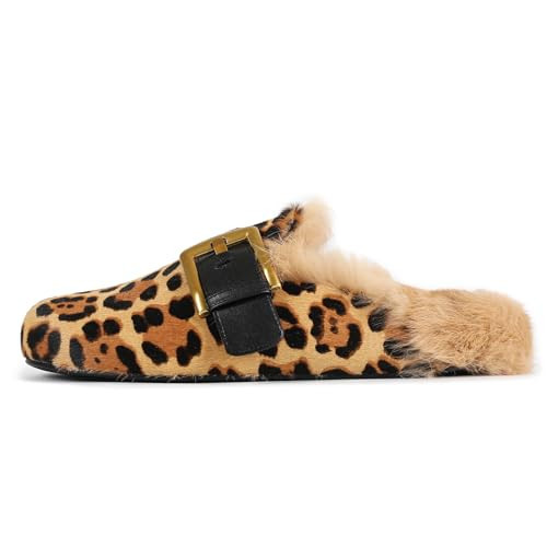 Real Fur Mules for Women Slip-on Fluffy Slippers with Soft Fur Lining, Comfortable Flat Mules for Fall Winter Leopard Print | Amazon (US)