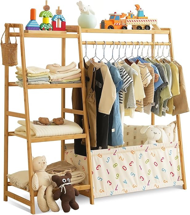 Bamboo Baby Clothes Rack With Shelves- Kids Dress Up Clothing Rack | Amazon (US)
