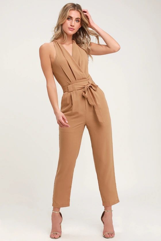 In the City Tan Surplice Sleeveless Jumpsuit | Lulus