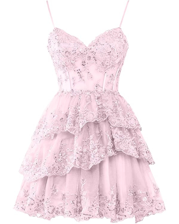 Women's Sparkly Sequin Lace Tiered Homecoming Dresses 2024 Spaghetti Straps Bodice Short Prom Par... | Amazon (US)