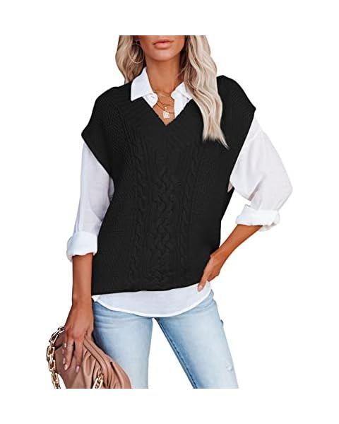 Happy Sailed Womens Preppy Style Sweater Vests Casual Loose V Neck Sleeveless Fall Winter Cable K... | Amazon (US)