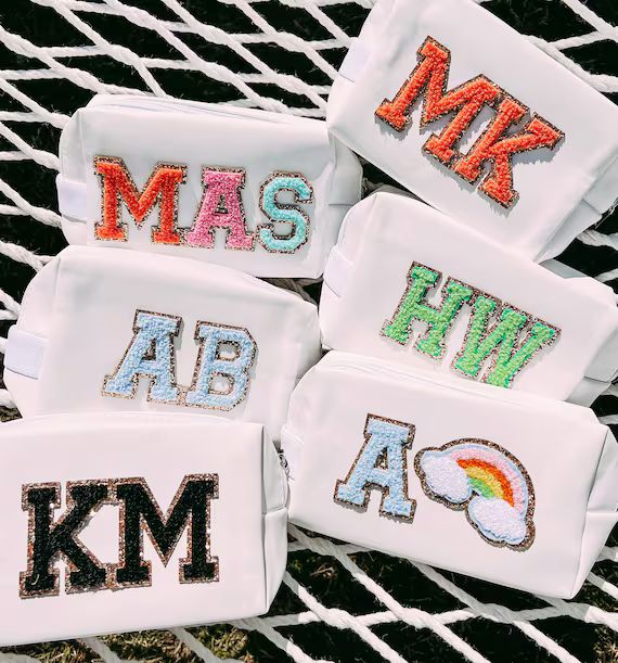 White Cosmetic Bag Customized With Varsity Letter Initial Patches | PERFECT BRIDESMAIDS GIFT | Ma... | Etsy (US)
