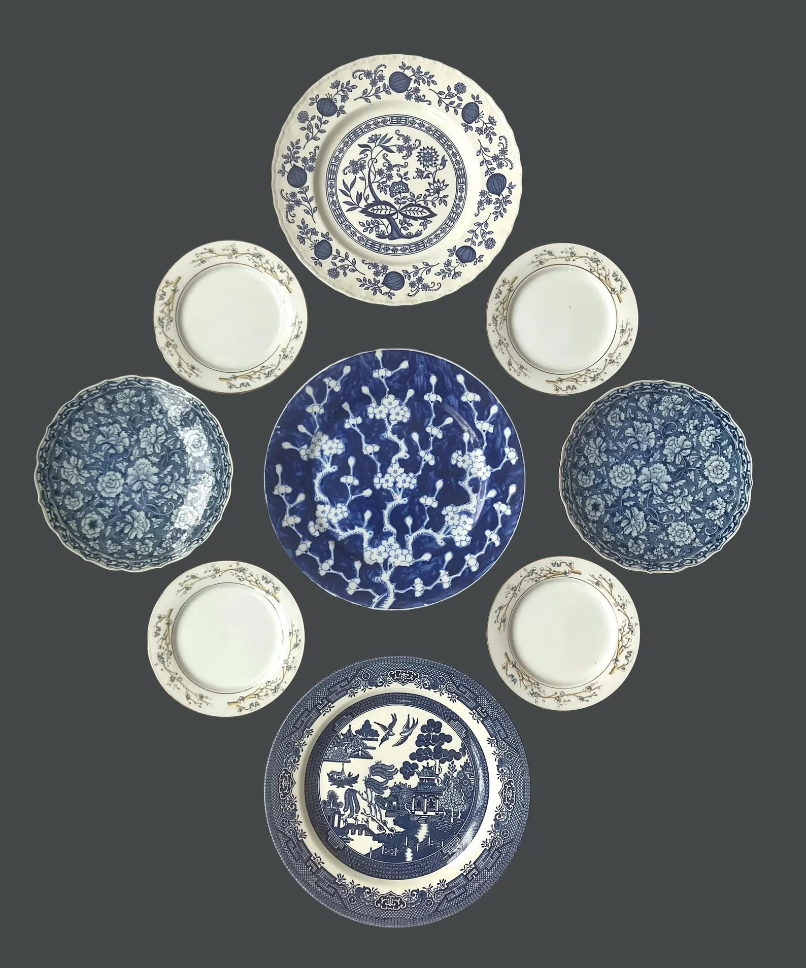 Vintage Patina Blue Transferware Plate Wall Set, 9 Piece Chinoiserie Gallery Plate Collection | Etsy (Global)