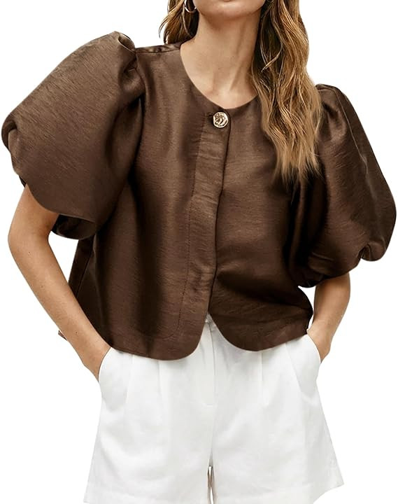 Cicy Bell Womens Silk Satin Button Down Shirts Summer Puff Short Sleeve Crew Neck Crop Tops Loose... | Amazon (US)