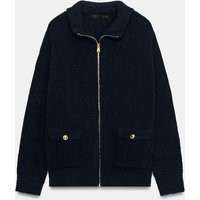 Zara - Long Knit Jacket - Navy Blue - S - Woman | Zara US