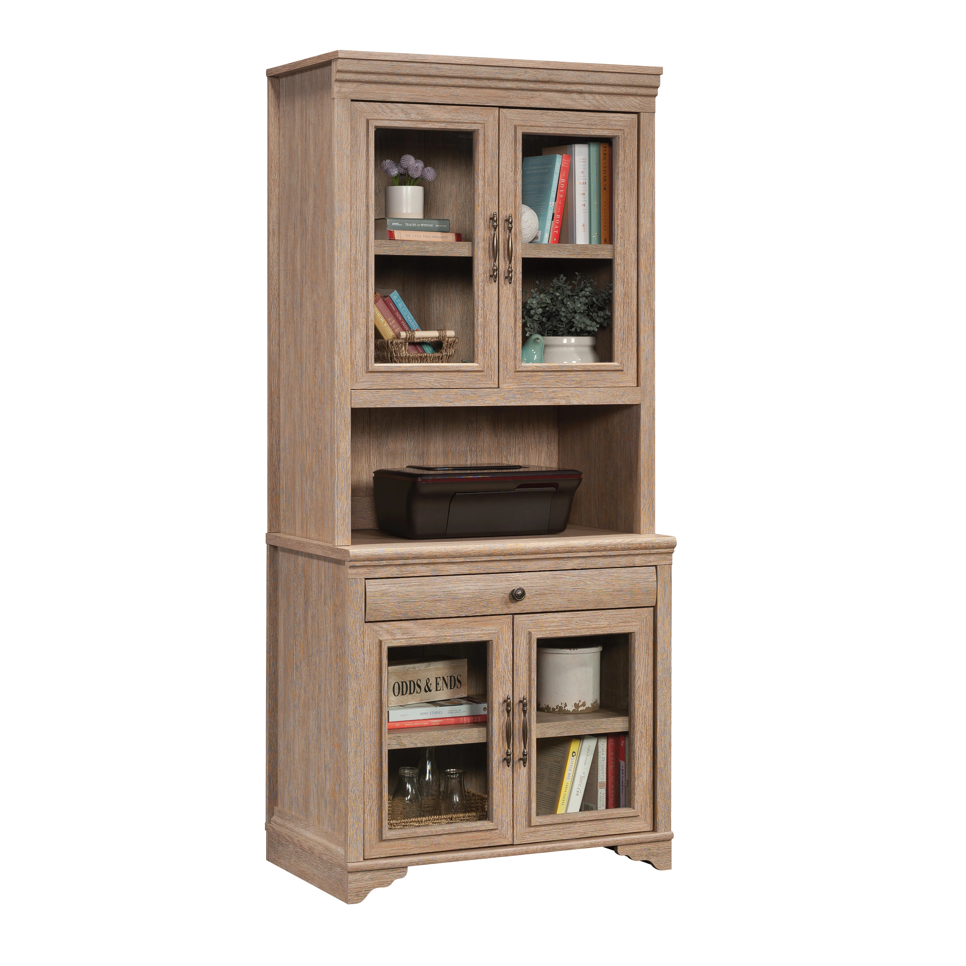 Wood Library Hutch With Glass Doors, Brown | Wayfair North America