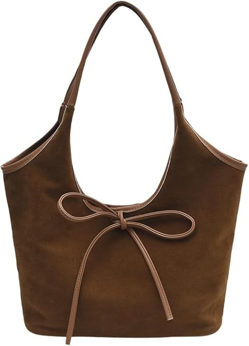 JOLILUNA Bow Suede Tote Bag for Women - Brown Burgundy Work Hobo Handbags with Bow | Amazon (US)