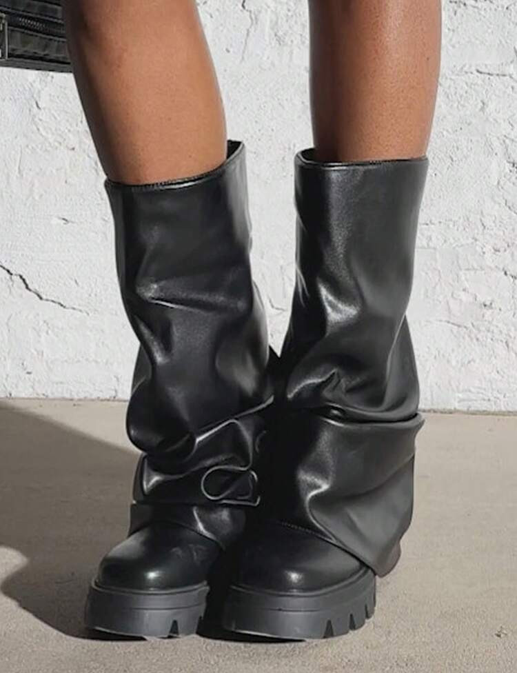 Fold Over Knee High Boots For Women Stylish Foldable Platform Round Toe Fall Boots Pull-On Chunky... | SHEIN