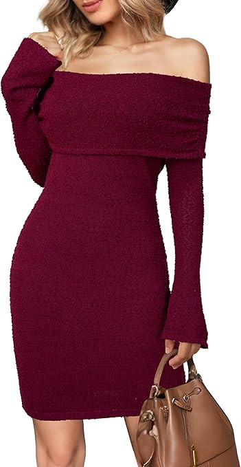 Arach&Cloz Women's Wool Blend Long Sleeve Off Shoulder Sweater Dresses 2025 | Amazon (US)