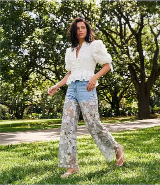 Woven Ruffle Split V-Neck Short Bubble Sleeve Cropped Flounce Blouse | Dillard's